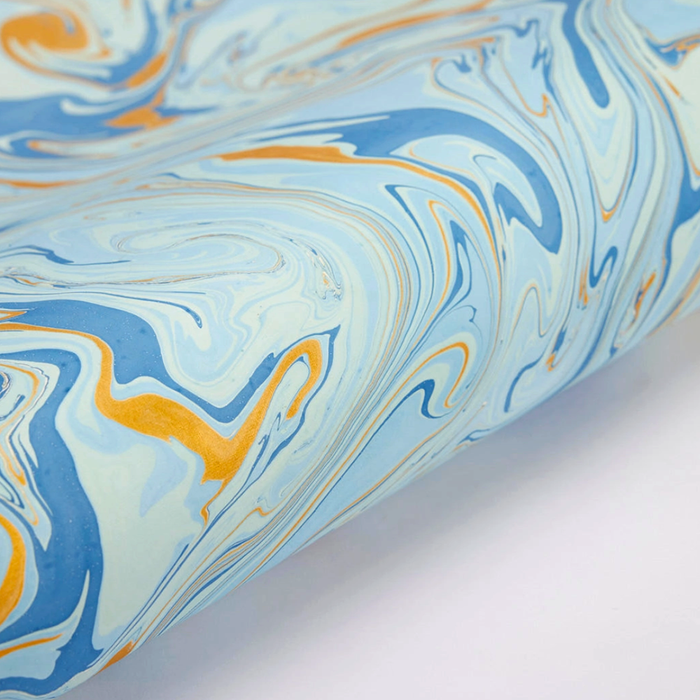 Handmade marbled paper "free spirit" shades of blue with gold- detail