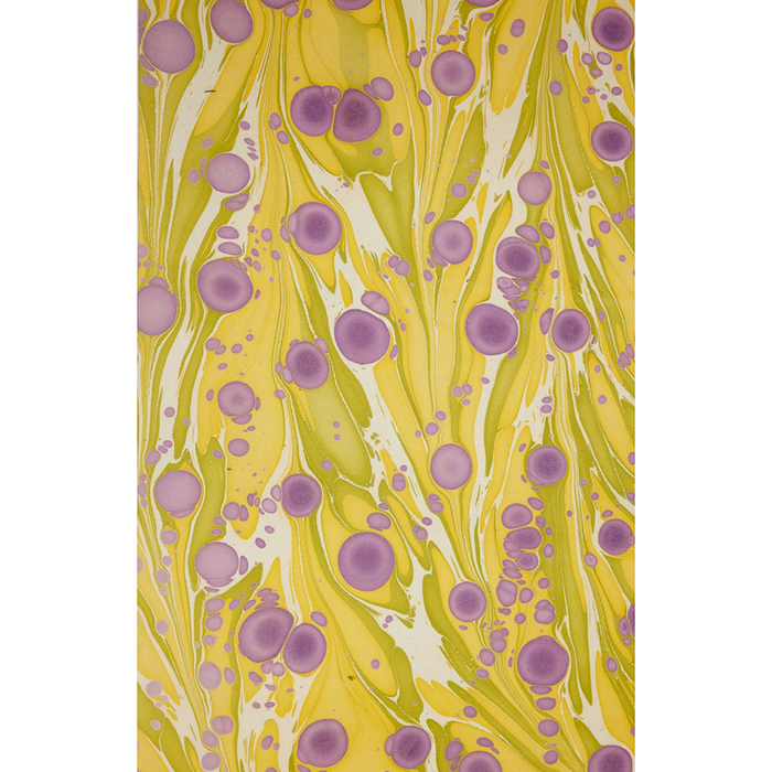 Handmade Indian Cotton Paper- Marbled Cosmos- yellow, white, green with purple circular patterns- full sheet