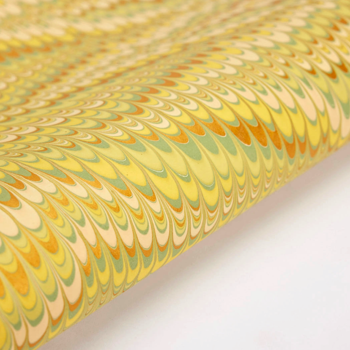 Handmade Indian Cotton Paper- Marbled Scallops- green, yellow, gold- detail