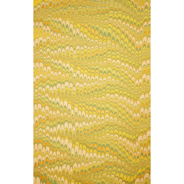Handmade Indian Cotton Paper- Marbled Scallops- green, yellow, gold- full sheet