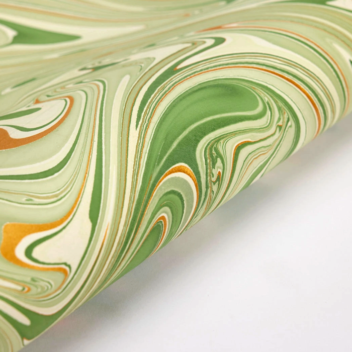 Handmade Indian Cotton Paper- Marbled Waves- "Matcha"  greens with gold -detail