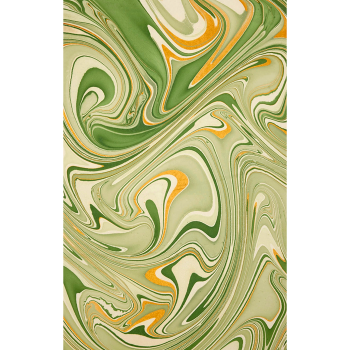 Handmade Indian Cotton Paper- Marbled Waves- "Matcha"  greens with gold -full sheet