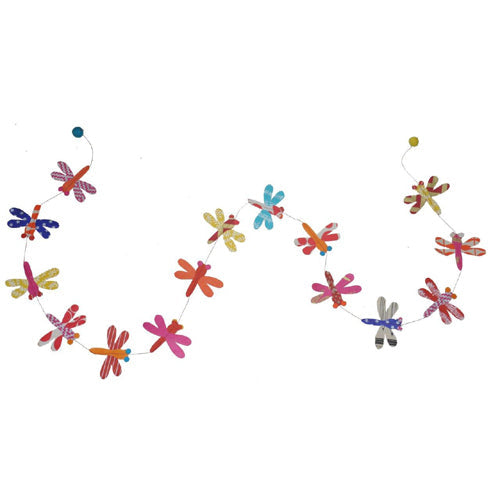 Sustainably made Lokta paper garland- colorful dragonflies.