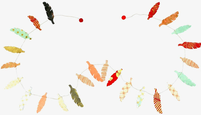 Handmade Lokta Paper Garland with Feathers. Garland features gold printing on a various colors of Lokta paper as a background.