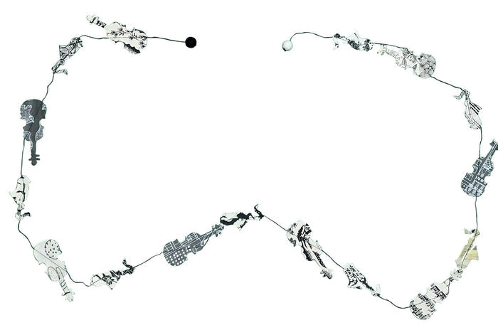 The perfect gift for any musician or music lover. This string of cellos and saxophones has black printing on natural colored lokta paper.