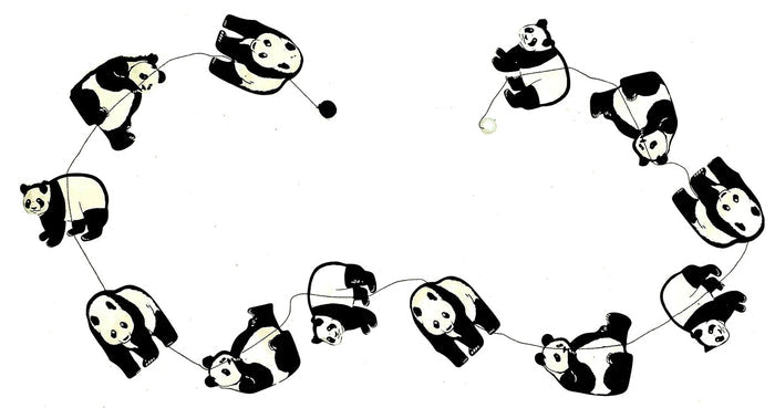 Handmade Lokta Paper Panda Garland in black and white. The garland features black printed pandas on a natural colored background.