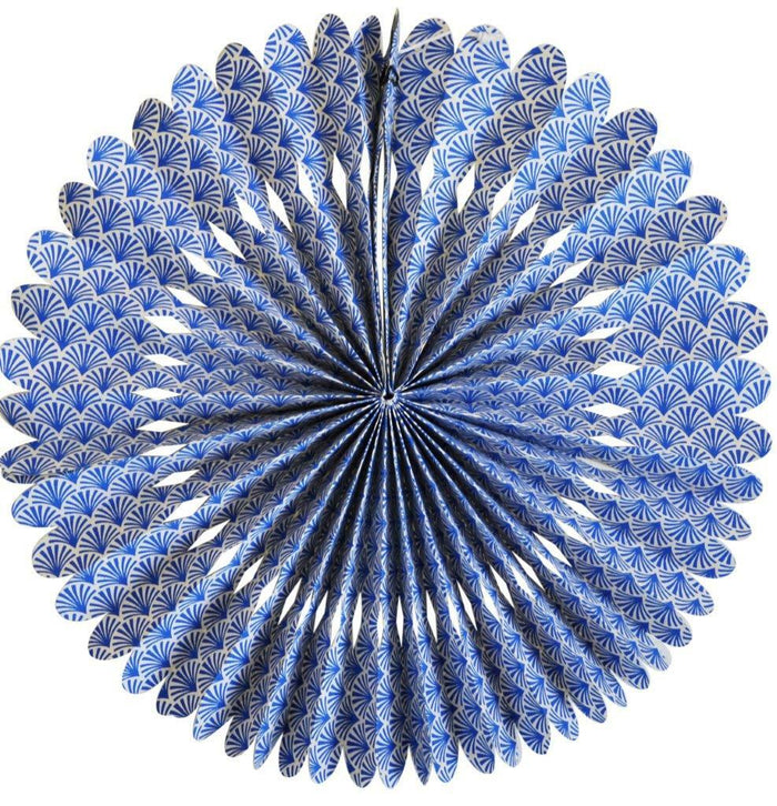 The Handmade Lokta Paper Rosette features a blue scallop design on a 12 inch cream rosette.