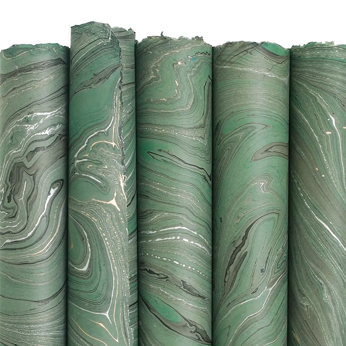 Handmade Marbled Paper- Dark Green with Black, Silver, Gold 5 sheets rolled to show pattern variations