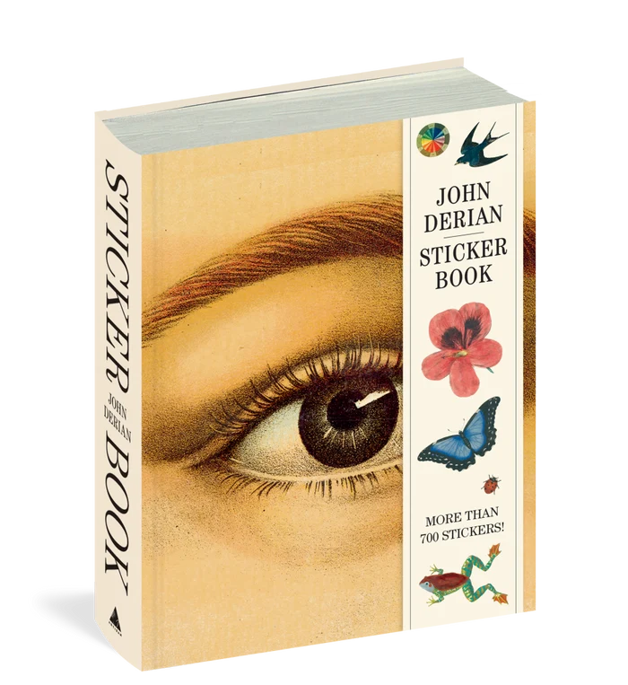 John Derian sticker book with eye illustration and decorative elements on a white background