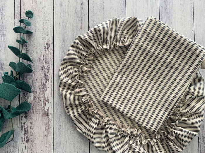 Khaki Bread Makers Set in Ticking Stripes, Bread Bag & Bowl Cover