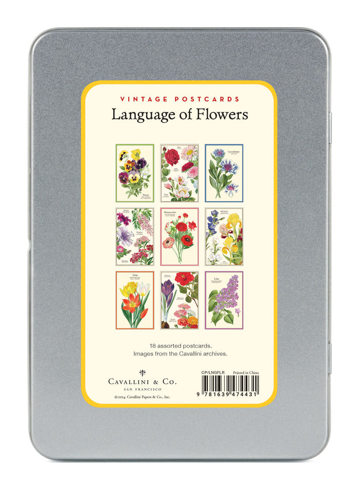 Language of Flowers Vintage Postcards by Cavallini & Co. back of tin showing 9 styles of postcards