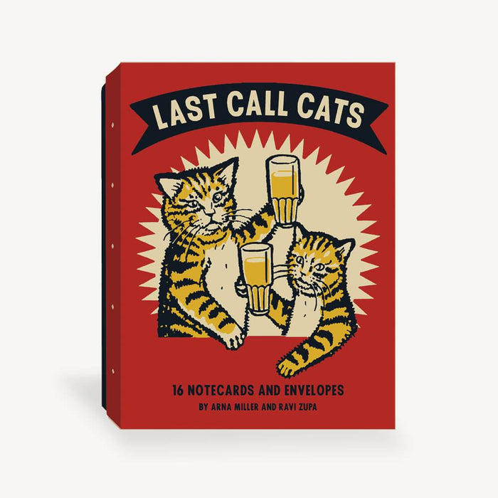 Last Call Cats Notecards and Envelopes Set- images shows box of 'Last Call Cats' notecards with two cats holding beer glasses on a red background.