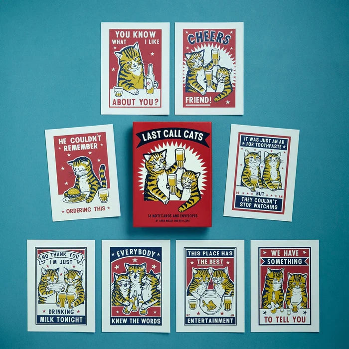 Last Call Cats Notecards and Envelopes Set- Set of cat-themed cards with humorous sayings on a blue background