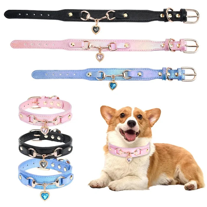 Leather and Rhinestone Pet Collar with Heart
