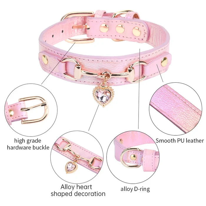 Leather and Rhinestone Pet Collar with Heart