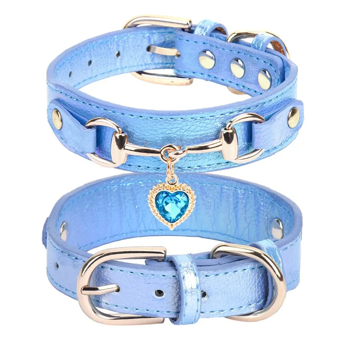 Leather and Rhinestone Pet Collar with Heart
