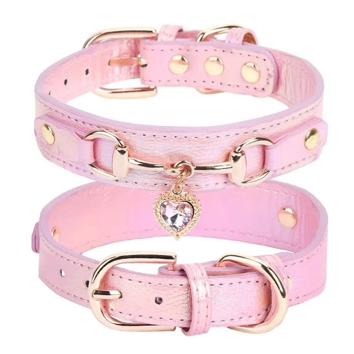 Leather and Rhinestone Pet Collar with Heart