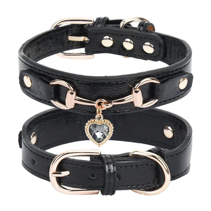 Leather and Rhinestone Pet Collar with Heart