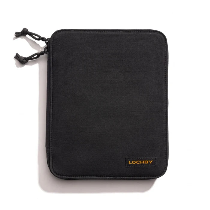 Lochby Daily Folio- A5 Size- a black textured zippered pouch with a small orange 'LOCHBY' brand label on the bottom right, shown on a clean white background.