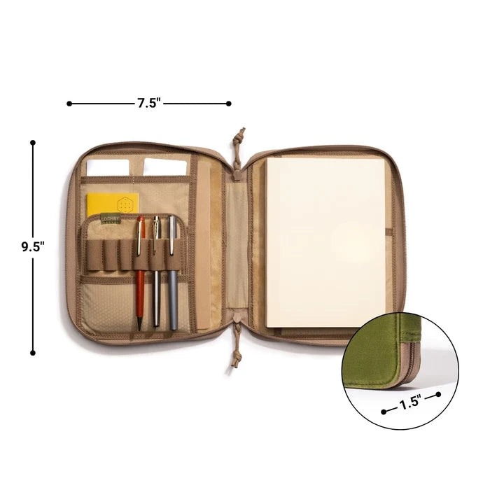 Lochby Daily Folio- A5 Size in lime with beige interior with dimensions shown. Pens and notebooks not included.