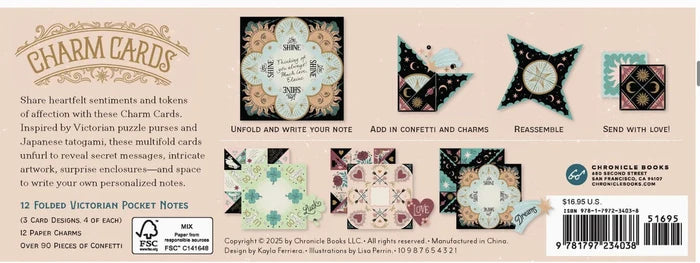 Luck, Love & Dreams Charm Cards- Folded Victorian Pocket Notes- back of box with various designs and text on a beige background