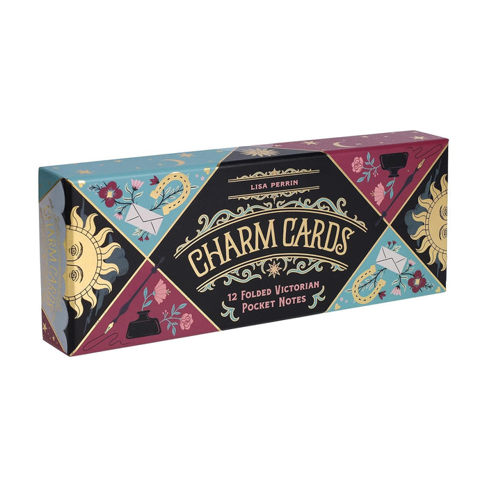 Luck, Love & Dreams Charm Cards- Folded Victorian Pocket Notes- Box of Charm Cards with decorative design on a white background