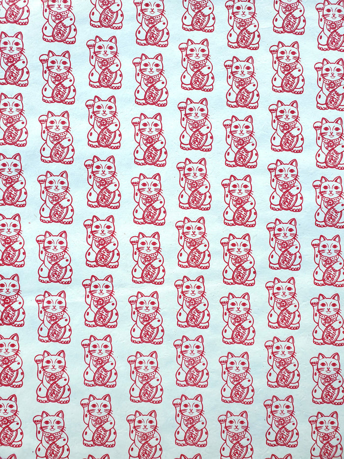 Lucky Cat Lokta Paper- Red on Cream