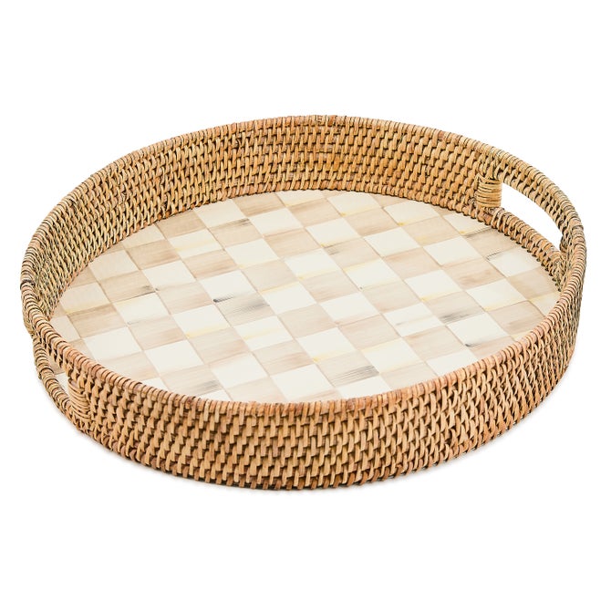 Mackenzie Childs | Mocha Check Enamel & Rattan Round Serving Tray