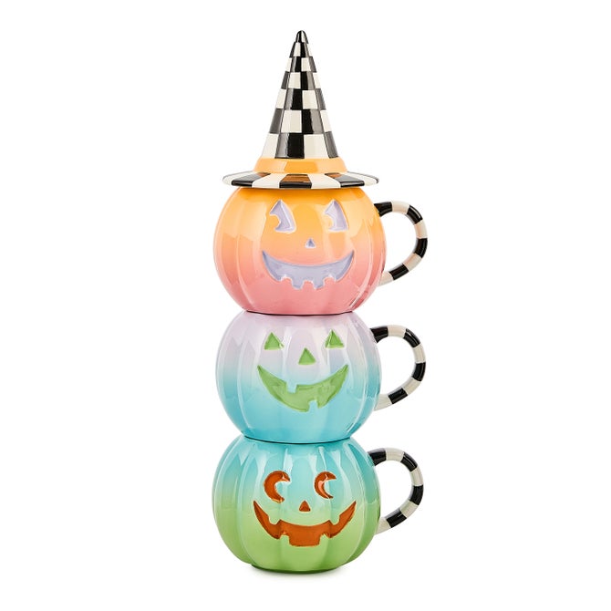 Mackenzie Childs | Trick or Treat Lidded Pumpkin Mug Tower, Set of 3