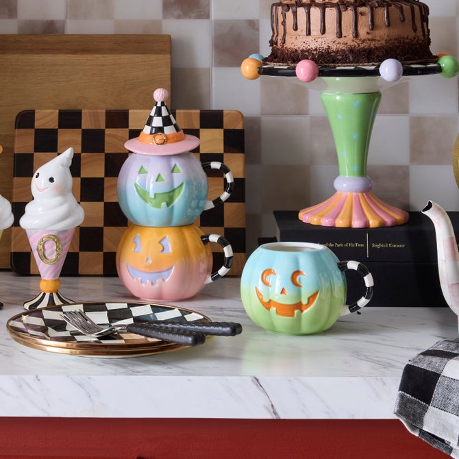 Mackenzie Childs | Trick or Treat Lidded Pumpkin Mug Tower, Set of 3