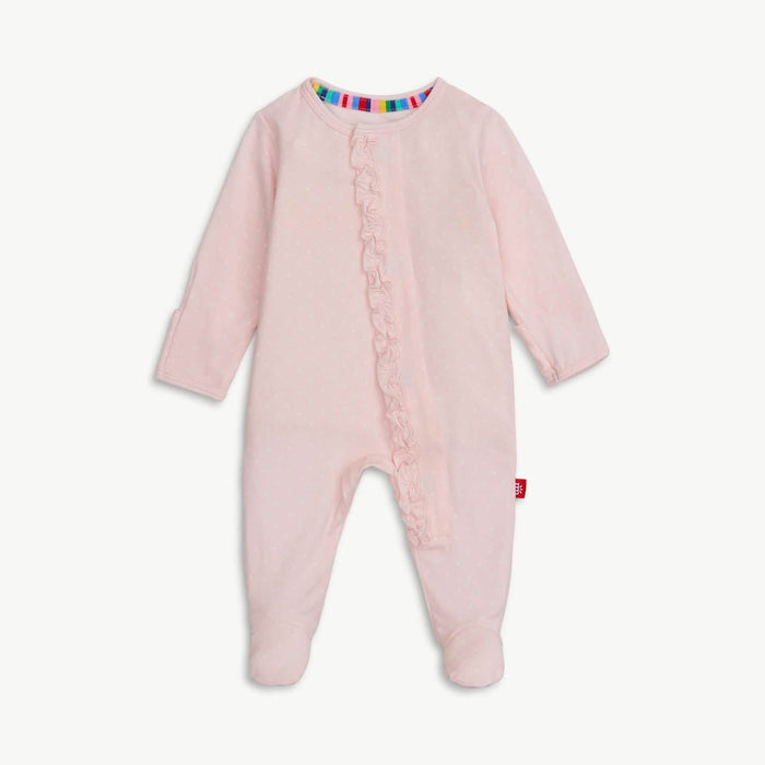 Magnetic Me | Pin Dot Pink Ruffle Placket Footie