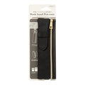 A black book band pen case with a gold zipper, shown in its retail packaging against a white background.