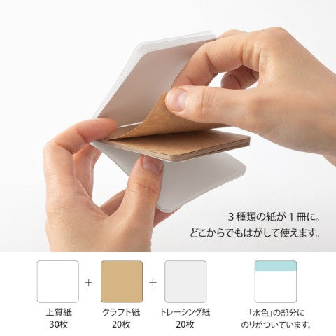 Sticky note pad with rounded corners contains 3 kinds of papers- fine white paper, kraft brown, and tracing paper.