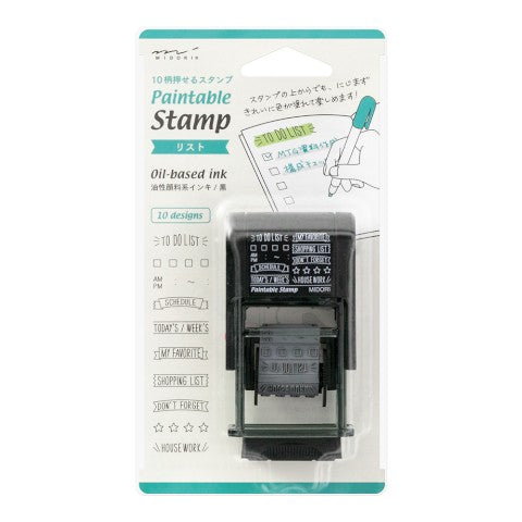 This revolving style rubber stamp has 10 designs- all representing headings for your daily list- "to do list", "schedule", and "shopping list" are just a few of them.