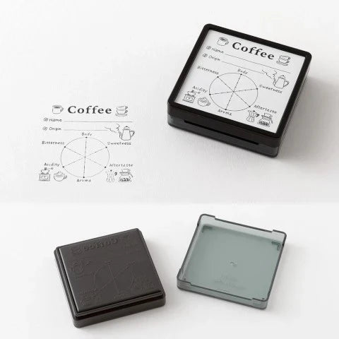 Midori Stamp Pad- Coffee shown open , with stamped example on paper.