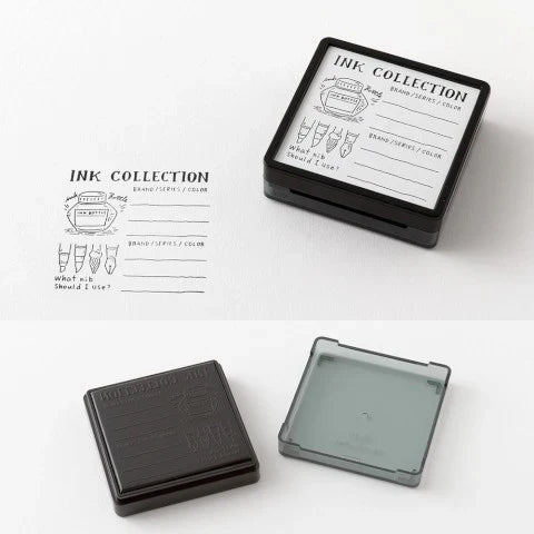 Midori Stamp Pad- Ink Collection stamp shown open, with lid and stamp, and a sample stamp shown