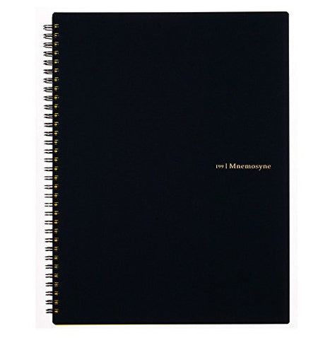 Maruman Mnemosyne spiral bound notebooks feature durable, black plastic covers with rounded corners, bound with twin wire spiral binding.
