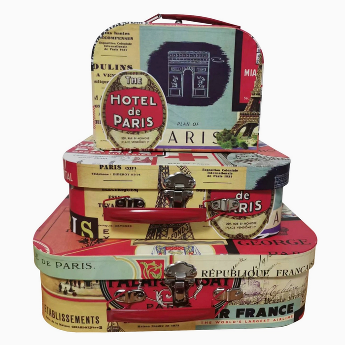 Paris themed mini suitcases - 3 stacked showing the 3 sizes