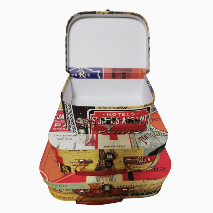 Paris themed mini suitcases - 3 stacked showing the 3 sizes with one open on top