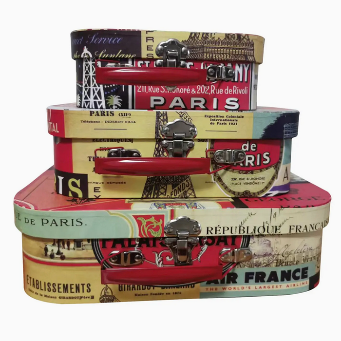 Paris themed mini suitcases - 3 stacked showing the 3 sizes and red handles