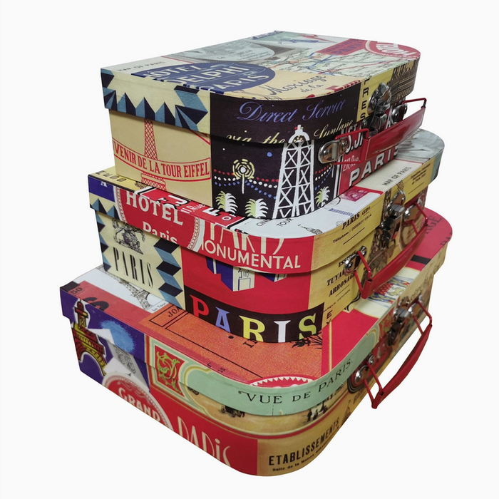 Paris themed mini suitcases - 3 stacked showing the 3 sizes at an angle