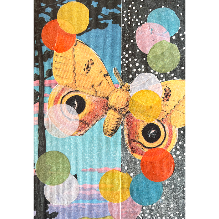 Colorful butterfly collage with tissue paper circles on a textured background