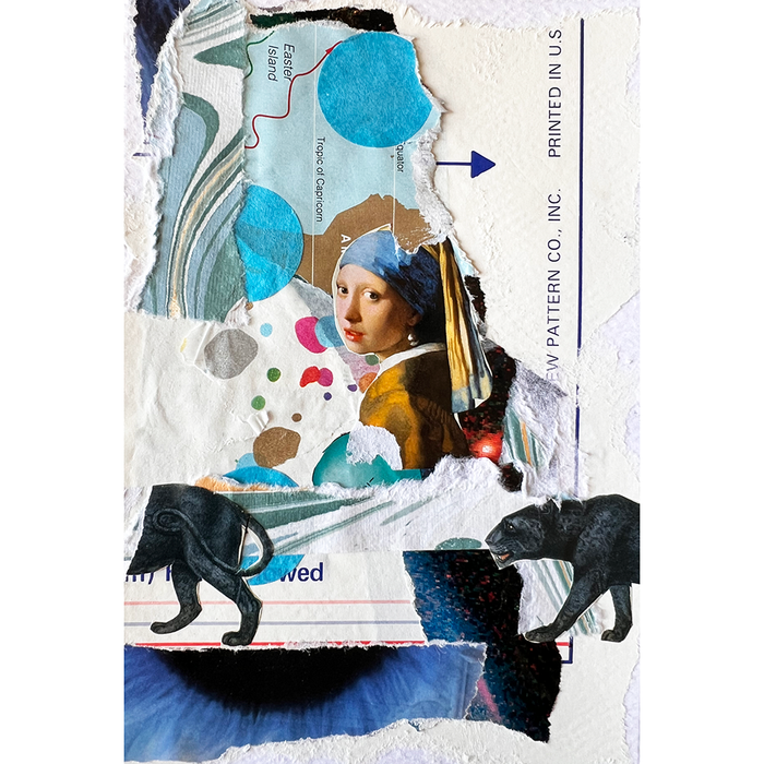 Collage art with a classical painting of a woman, black panthers, and abstract elements.