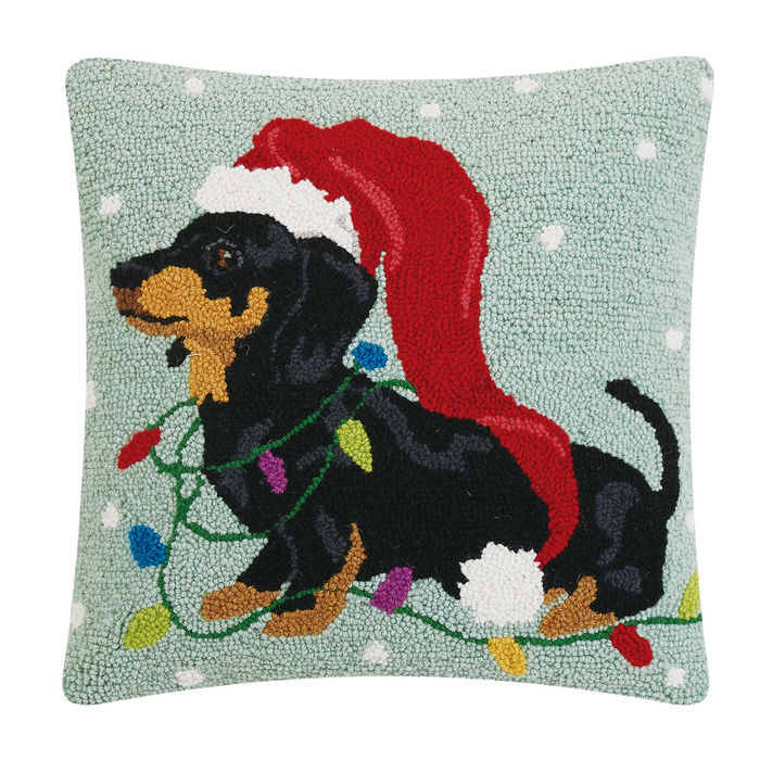 Peking Handicraft | Christmas Dachshund with Long Hat Hook Pillow, 18"x18"