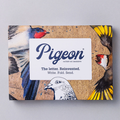 Pigeon letter writing kit packaging with illustrations of birds in a variety of colors on a brown background.