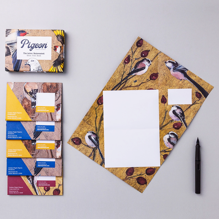 Pigeon bird themed stationery set- 5 cards with 3 different colorways and birds, one displayed open, product packaging, and a pen on a gray background
