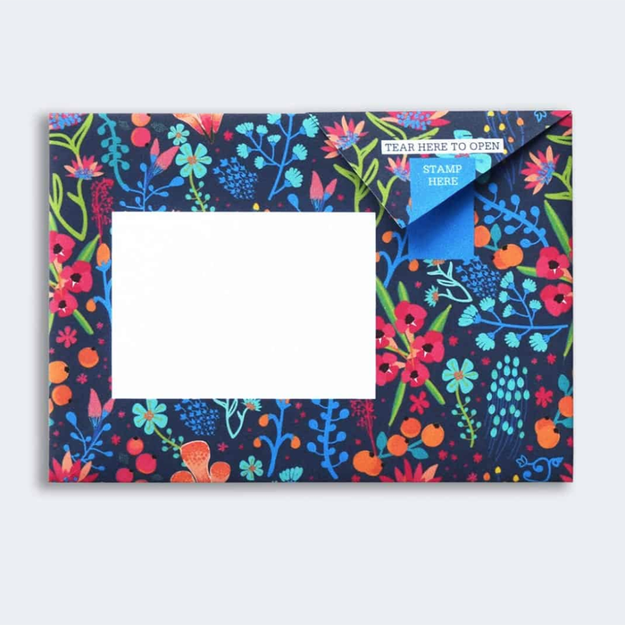 Pigeon Post- Midnight Garden sample with flowers on navy blue background showing address area