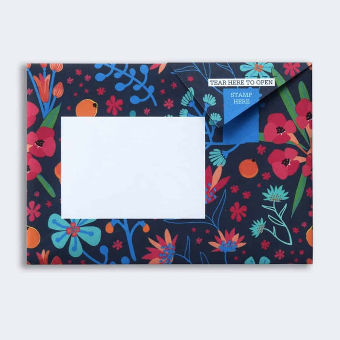 Pigeon Post- Midnight Garden sample with flowers on black background showing address area