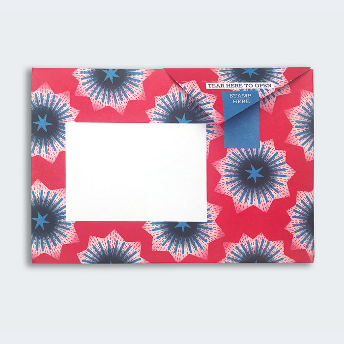 Starburst Pigeon with red background and blue starburst