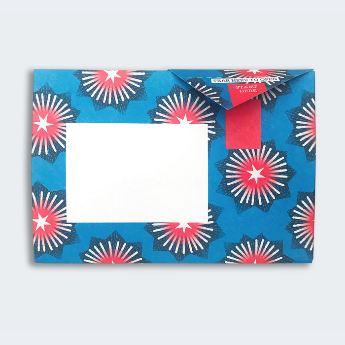Starburst Pigeon blue background and white and red starburst